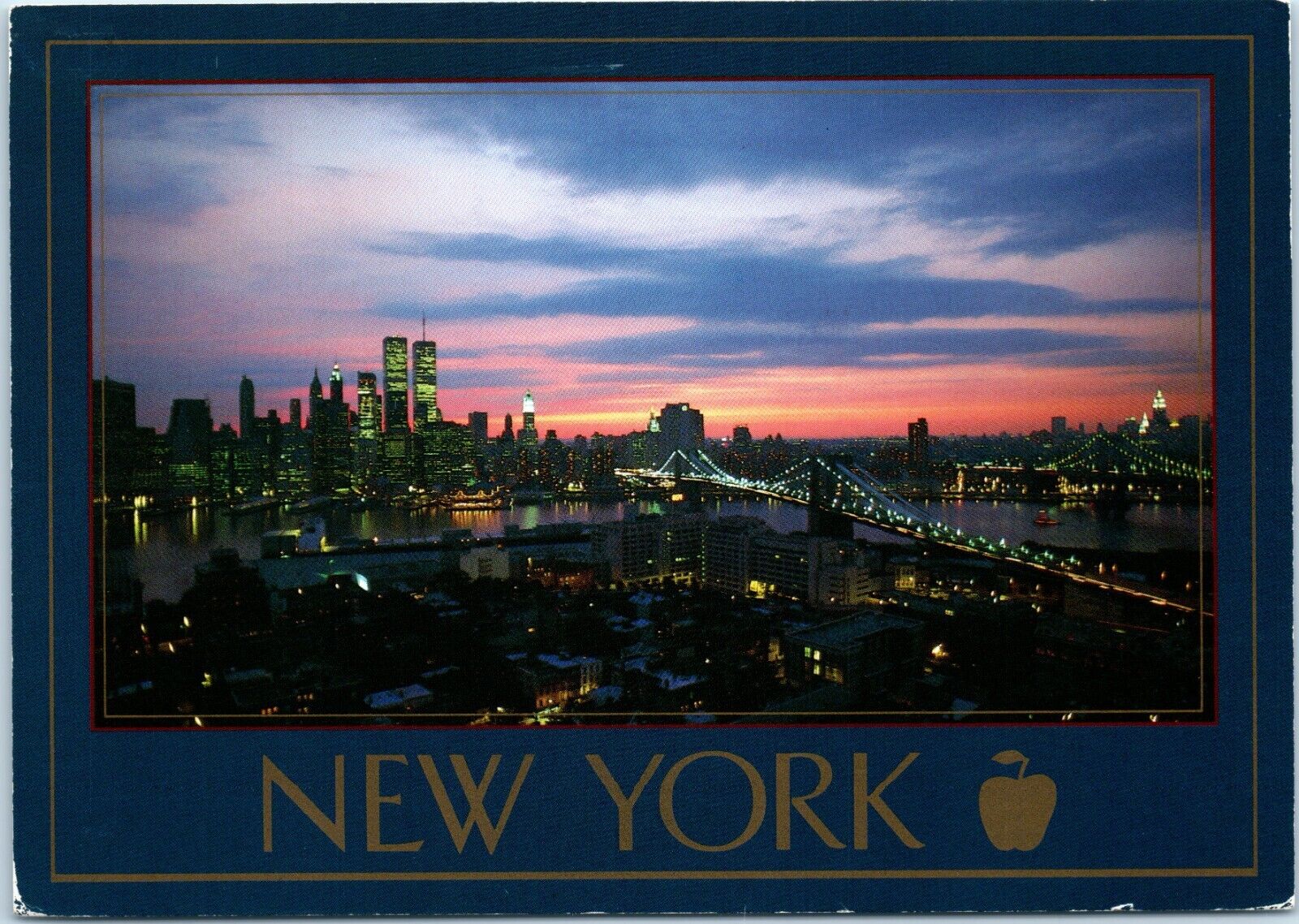 Postcard VintageNew York City Skyline Night time Blue border posted 1997