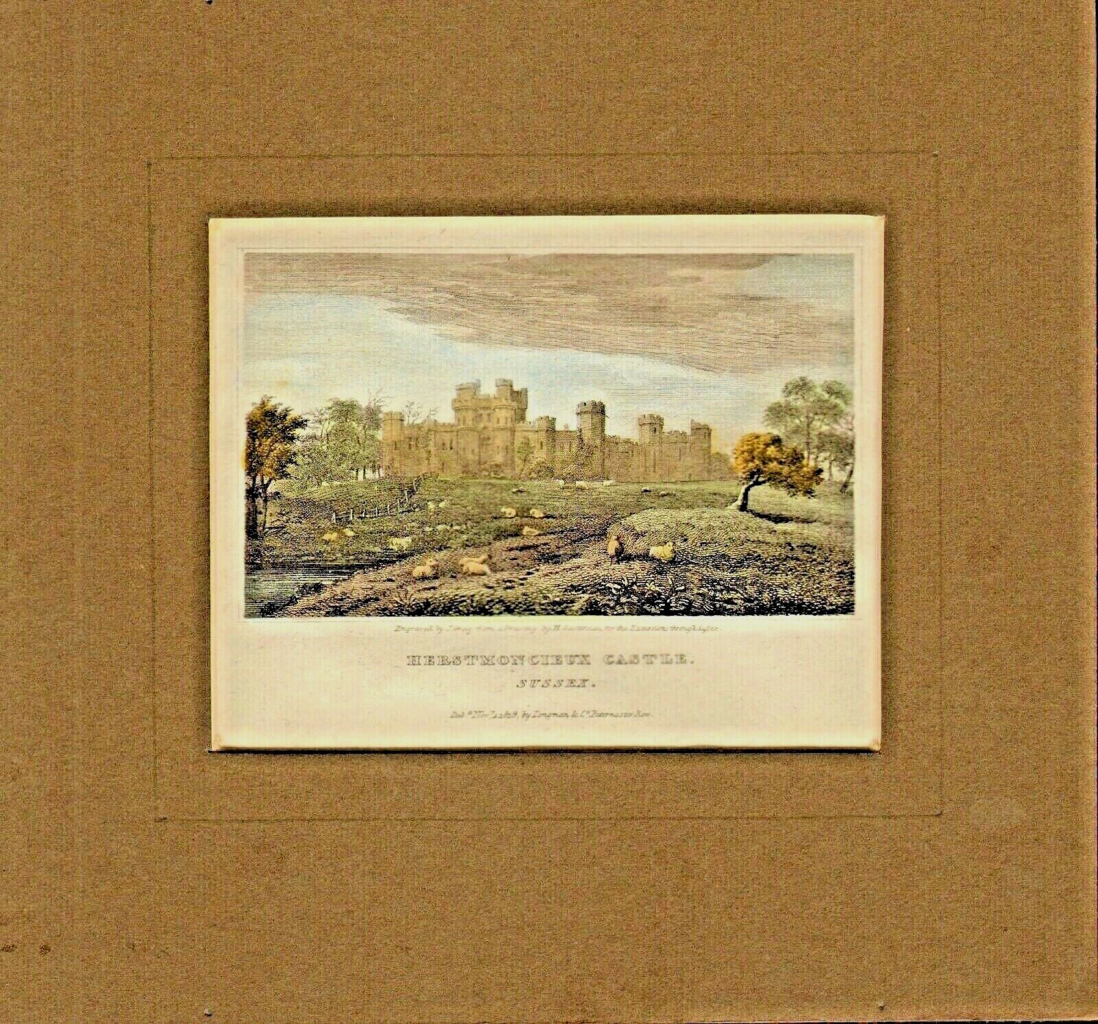 1819 hand colored mounted engraving - herstmoncieux castle .sussex