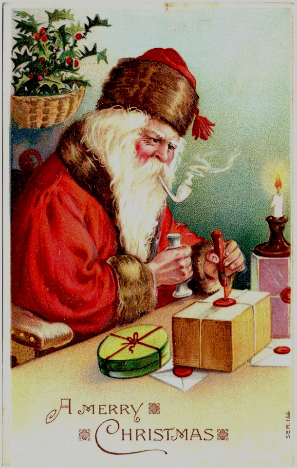 Vintage Old World Santa Claus~Sealing Wax ~Gifts~Pipe ~Christmas  Postcard ~h753