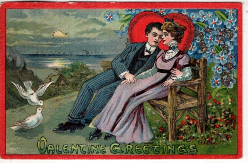 ANTIQUE EMBOSSED VALENTINE Postcard   MAN WITH ARM AROUND LADY, SITTING ON BENCH