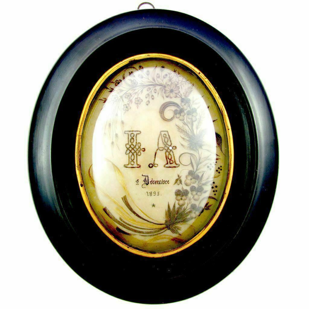 Large Antique French Mourning Hair Art Memento Convex Glass Dated 1895 Framed
