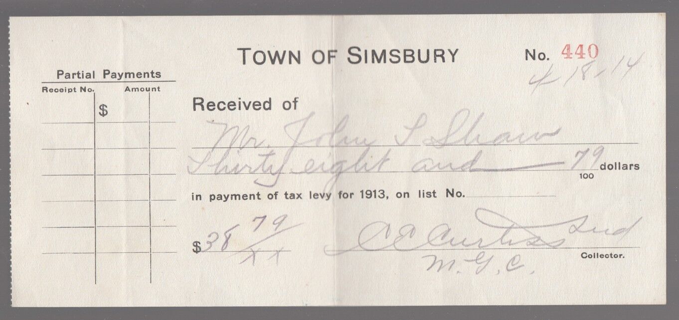 [57743] 1914 TOWN OF SIMSBURY, CONNECTICUT TAX PAYMENT