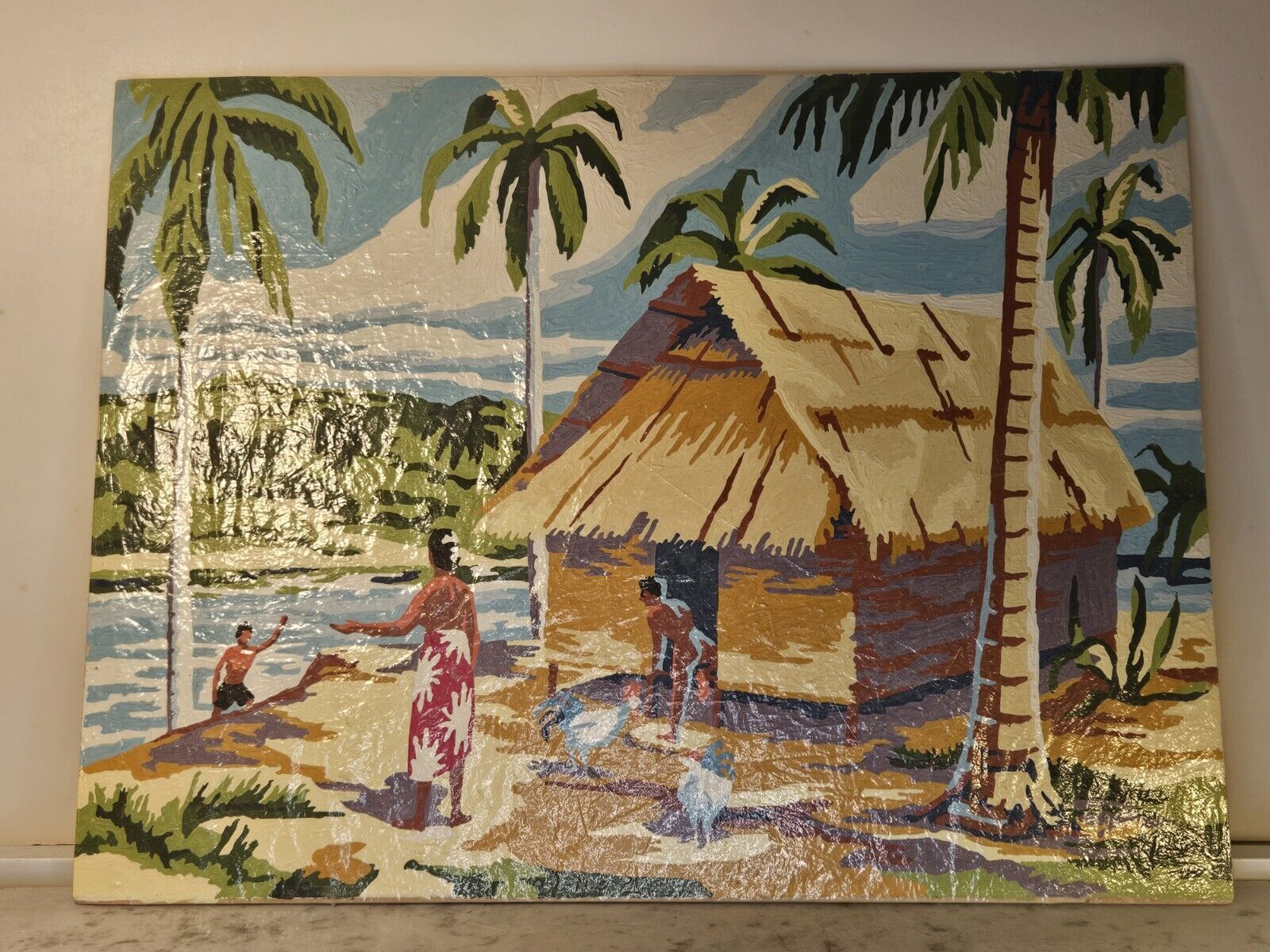 Vintage 50's Art Hawaiian Hawaii Tiki Hut Paint By Number Palm Trees 12 × 16 Inc