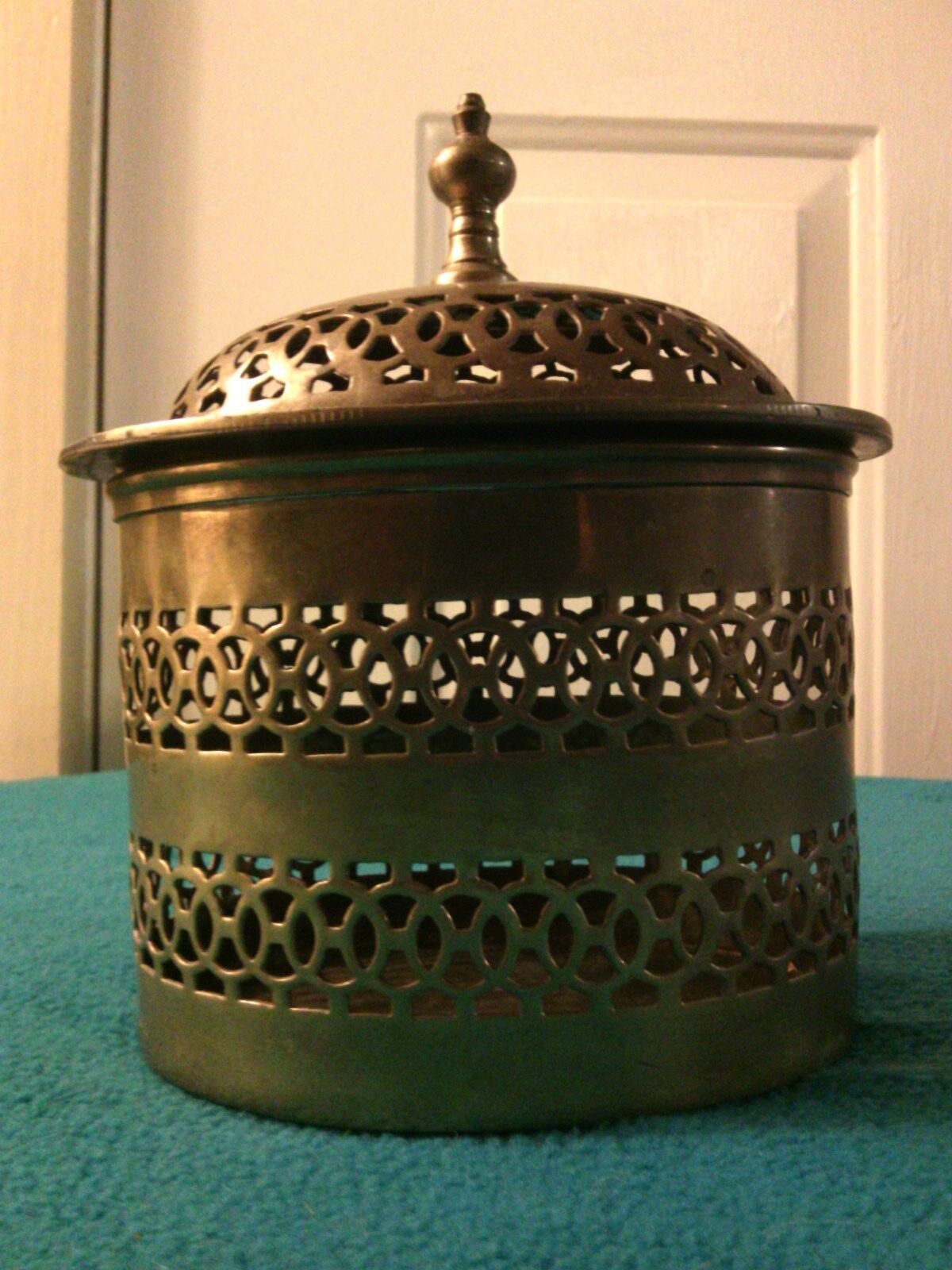ANTIQUE 1800\'s Victorian BRASS Reticulated Tea caddie - Canister - JAR - URN