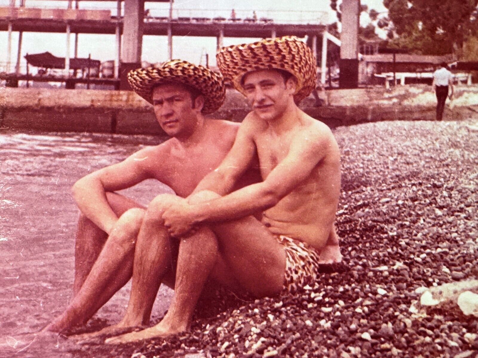 1975 Affectionate Men Trunks Bulge Two Guys in Hats Beach Gay int Vint Photo