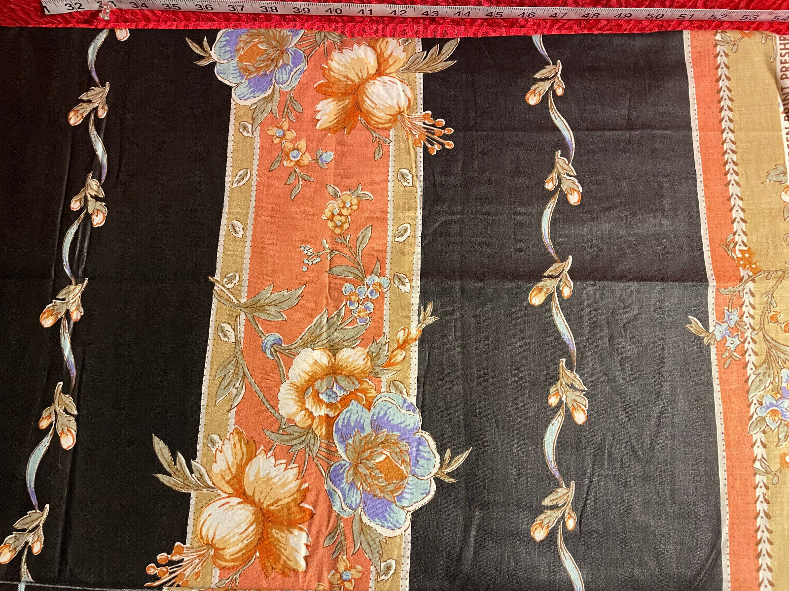 Vintage Jay Yang Design Floral Fabric Black Copper Rust 3.25 Yds x 55\