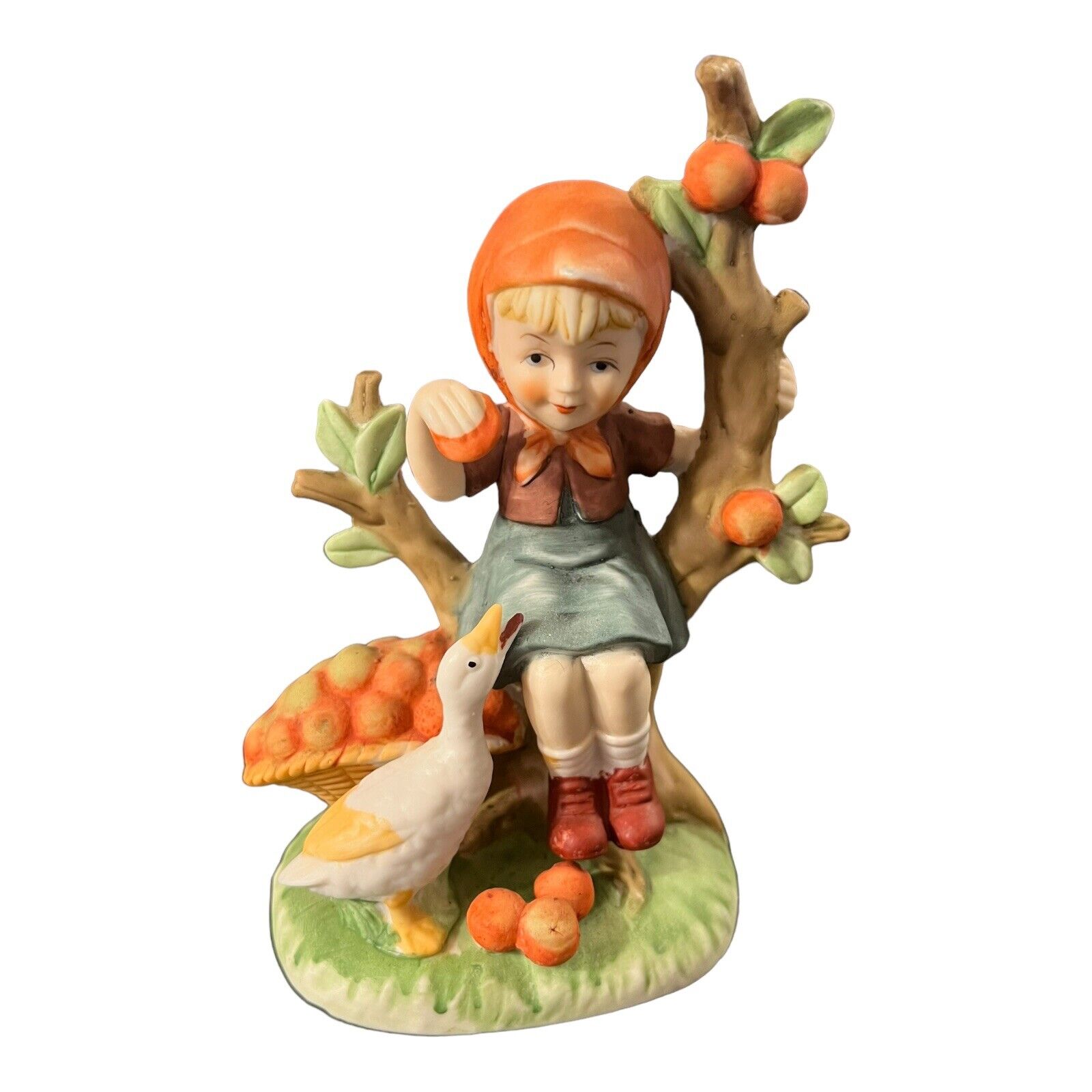 Vintage Girl Sitting in Peach Tree With Goose Fruit Basket German Style Dress