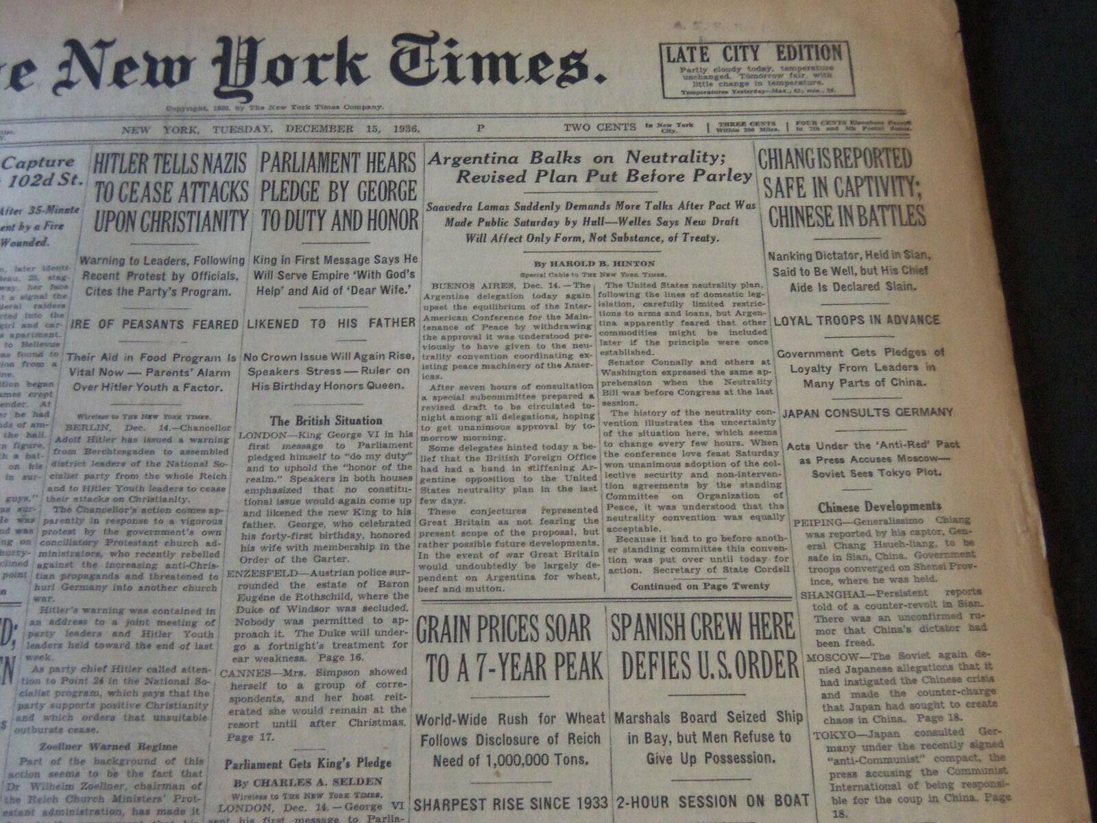 1936 DECEMBER 15 NEW YORK TIMES - CHIANG IS REPORTED SAFE IN CAPTIVITY - NT 6708