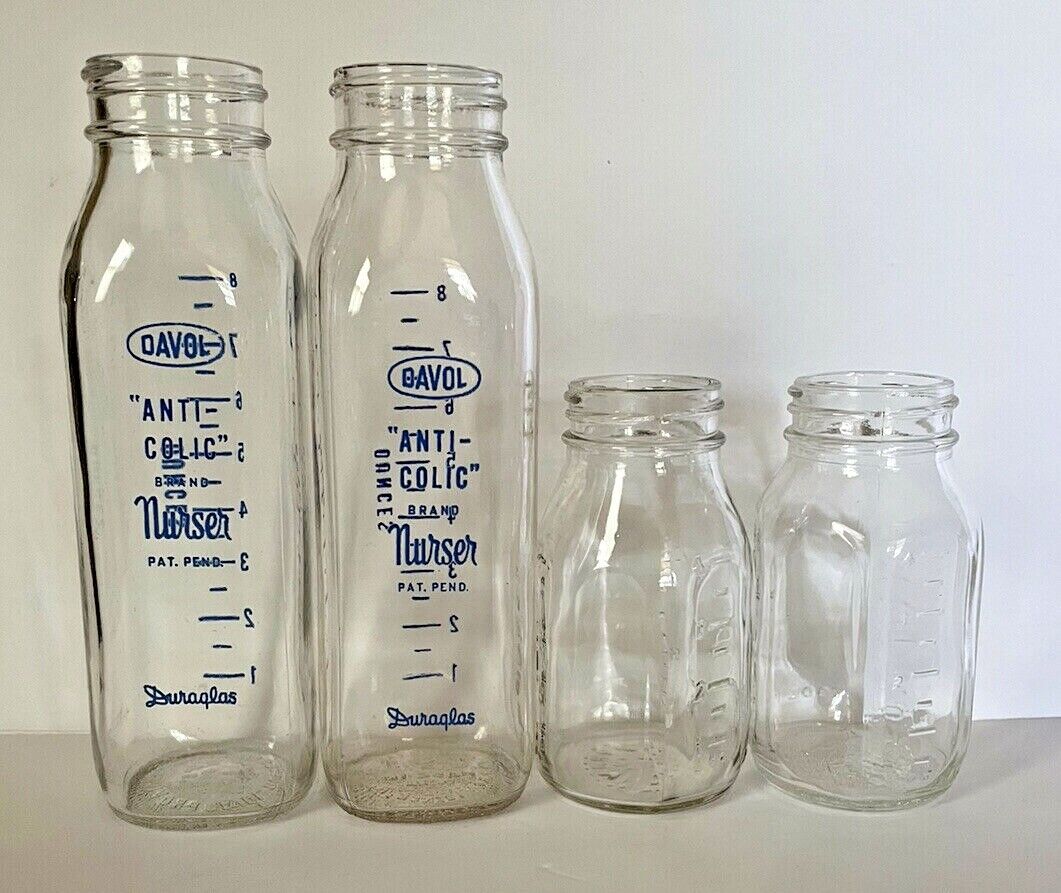 Vintage Davol by Duraglas and Evenflo Nurser Glass Baby Bottles Lot of Four