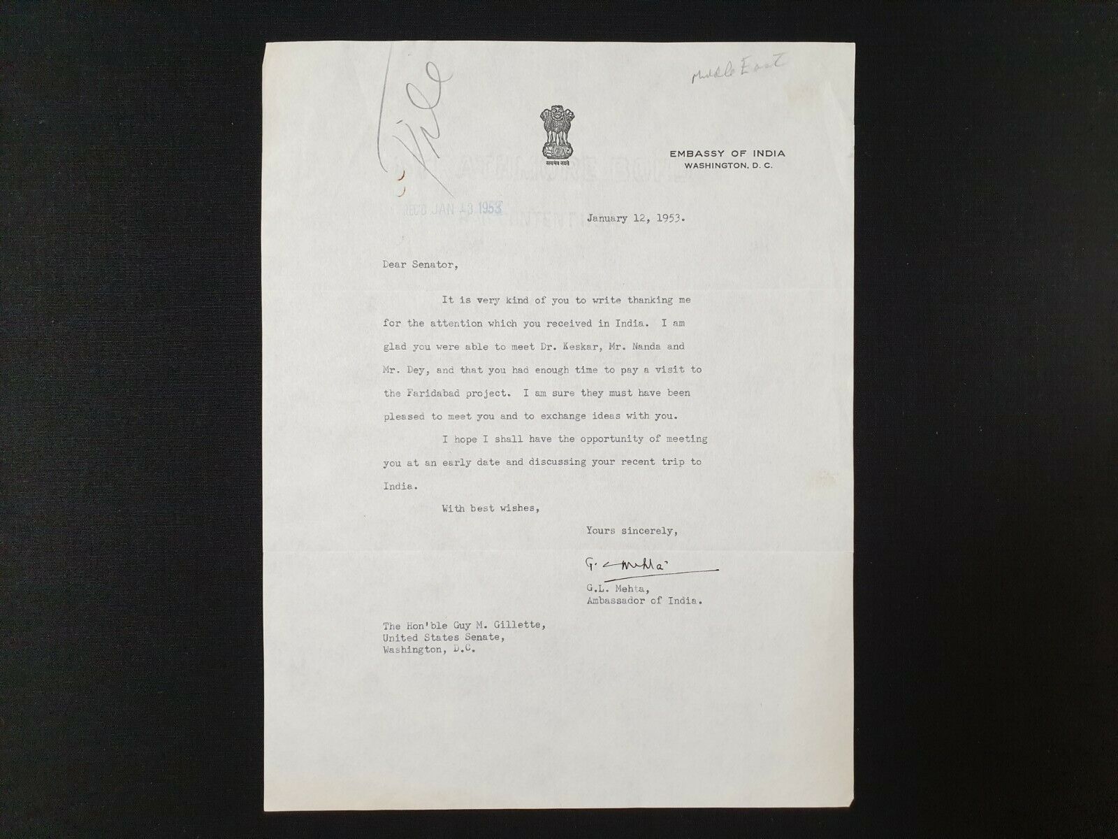 Royalty Ambassador India Signed Document Royal British Occupation Middle East US