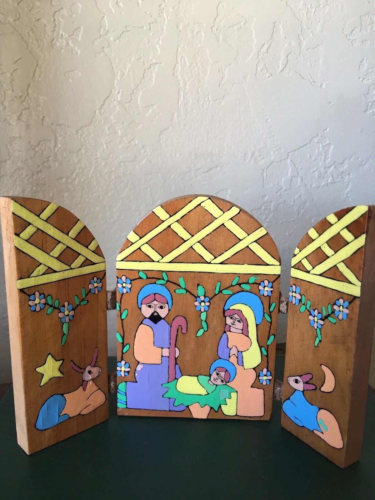 1990 Hand painted Wooden Nativity Fold Christmas Manger Leather Hinges Travels