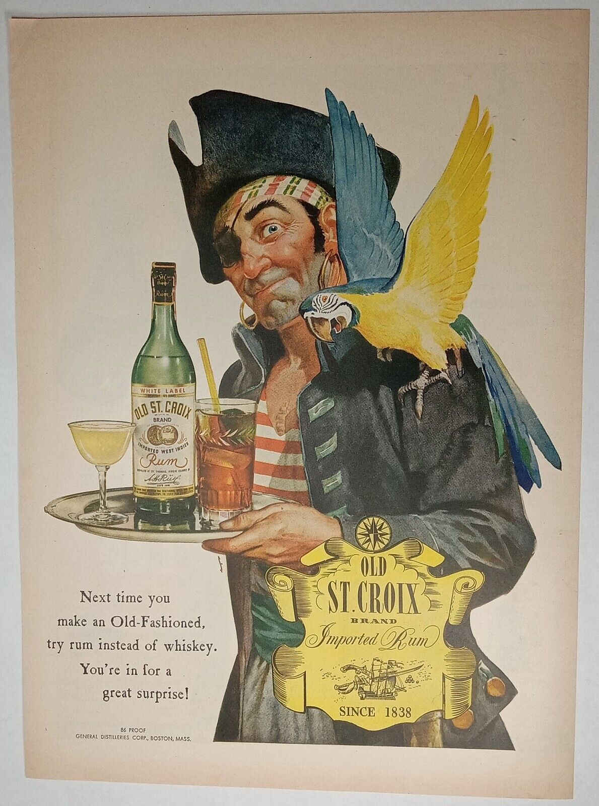 1940s Old St Croix Pirate Waiter Imported Rum Parrot Bird Colorful Vtg Print Ad
