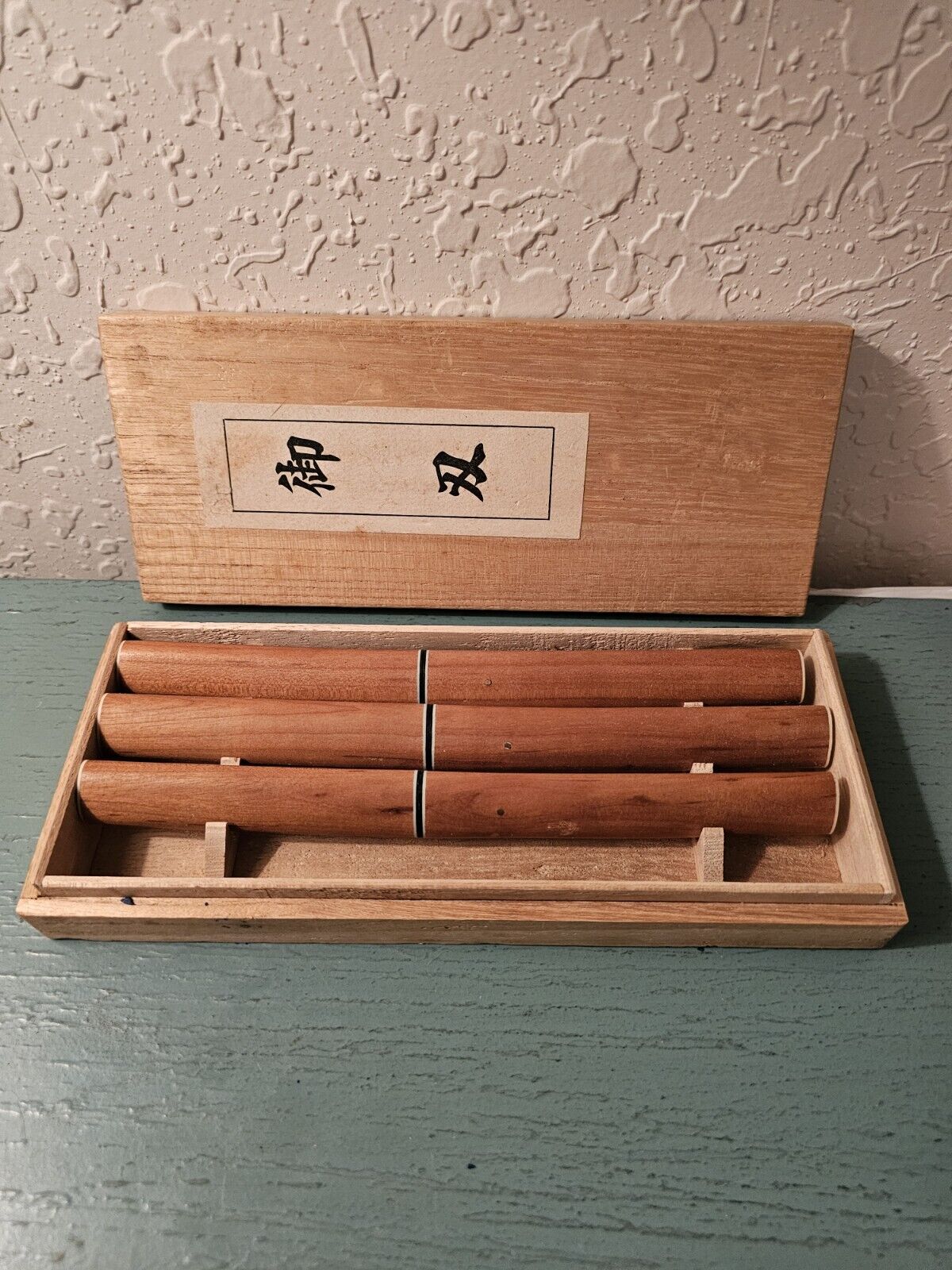 Vintage Set Of (3) Japanese Bamboo Handled Steak Knives In Original Wood...