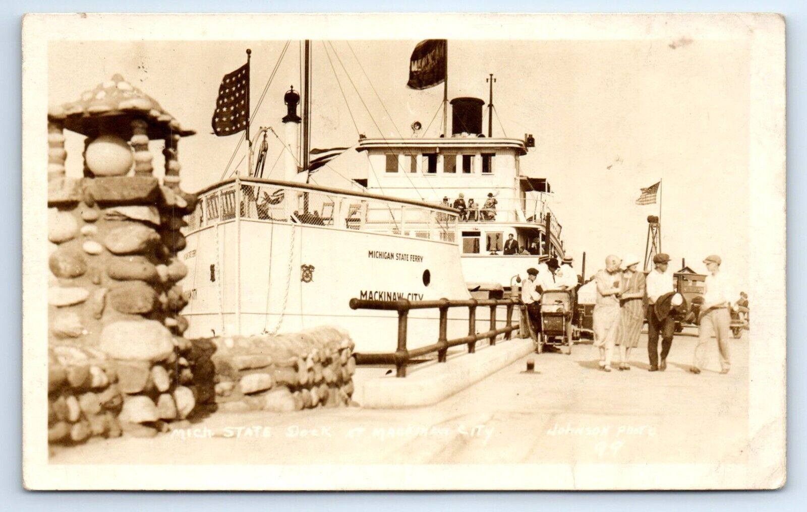Mackinaw City Michigan State Dock Steam Ferry RPPC Photo Postcard 1926 Johnson\'s