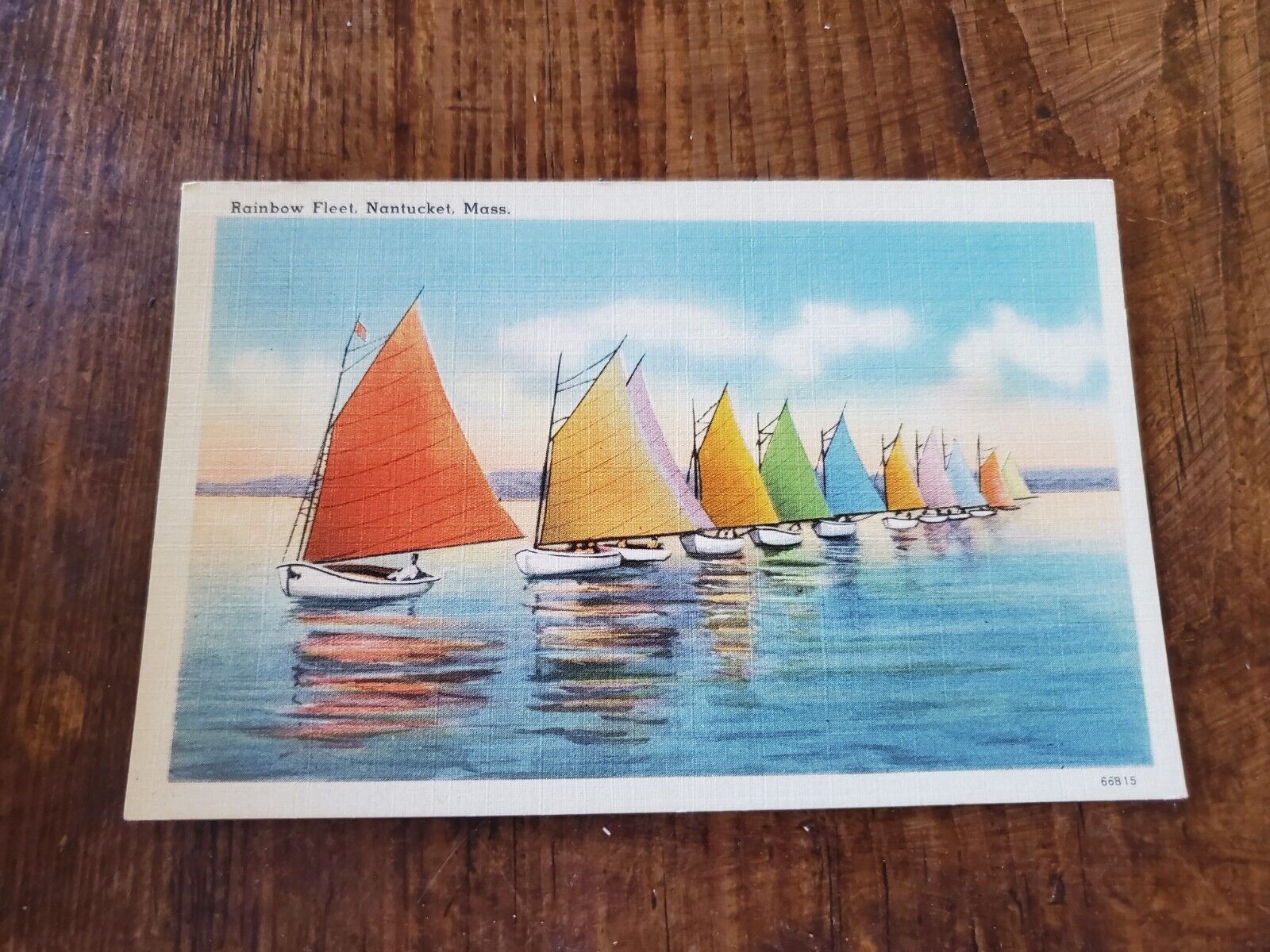 Vintage Linen Sailing Postcard Rainbow Fleet Nantucket Massachusetts Boats Ocean