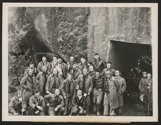 Tokyo raiders at air raid shelter,General James Doolittle\'s,mountainside,1942