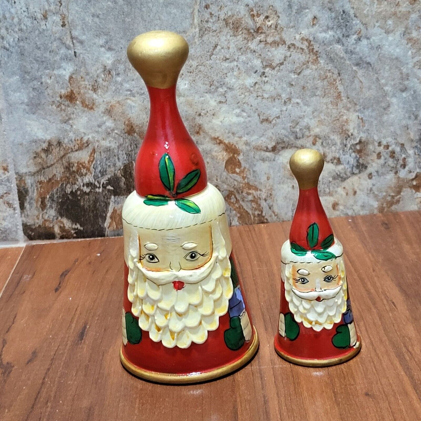 Vintage Enesco Wood Santa Bells Hand Painted Set of 2
