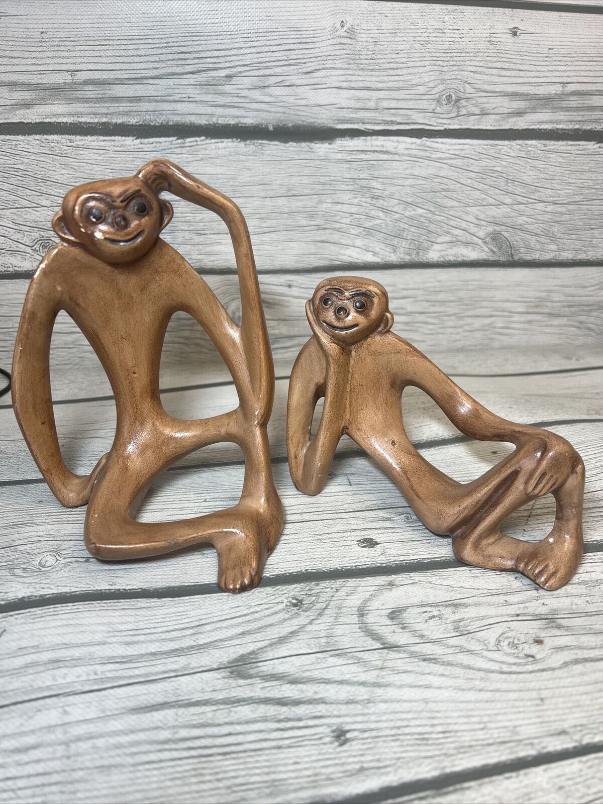 Pair Vintage MCM Whimsical Ceramic Reclining Thinking Relaxing Monkey Signed