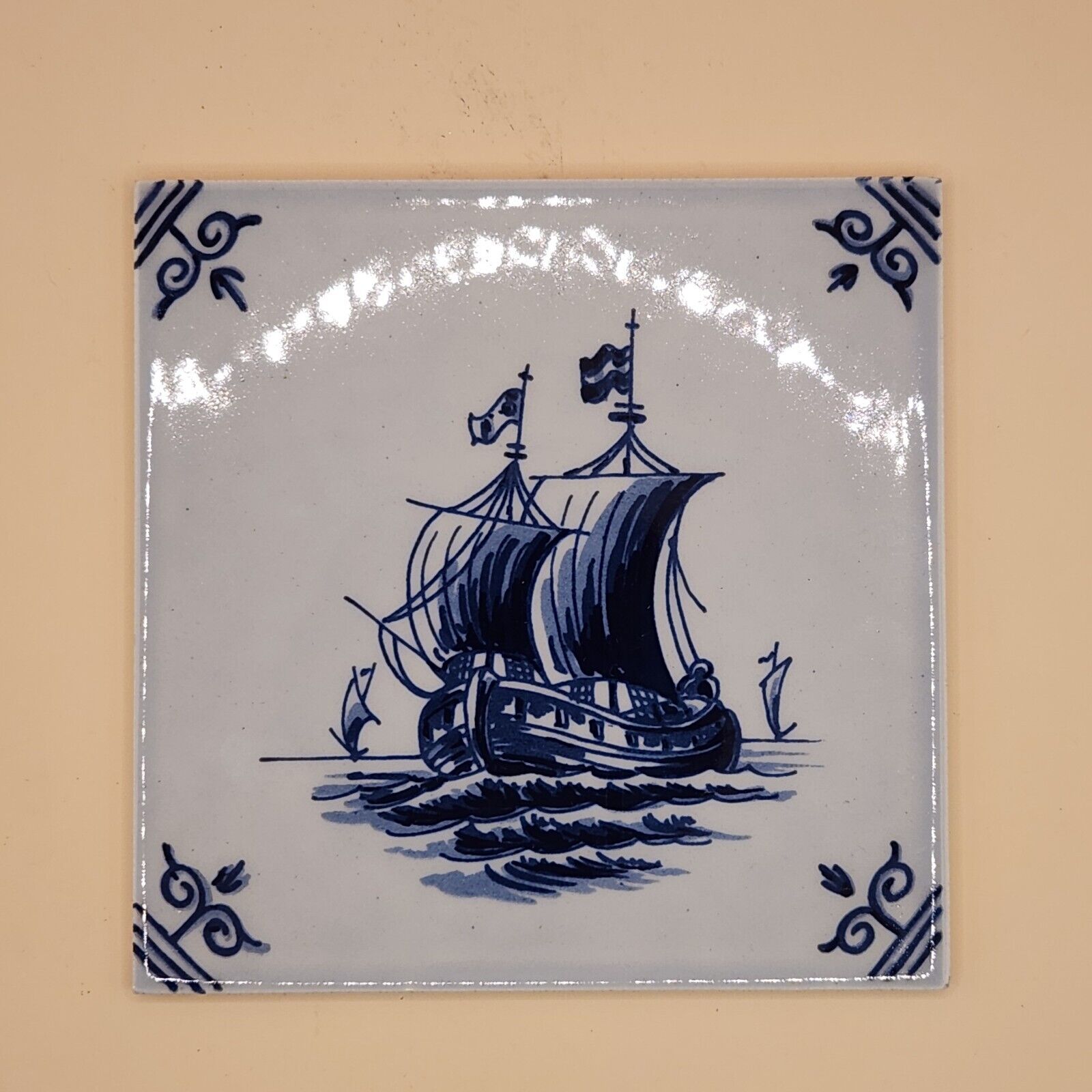 Royal Delft Hand Painted Blue / White Windmill Boat Landscape 5\
