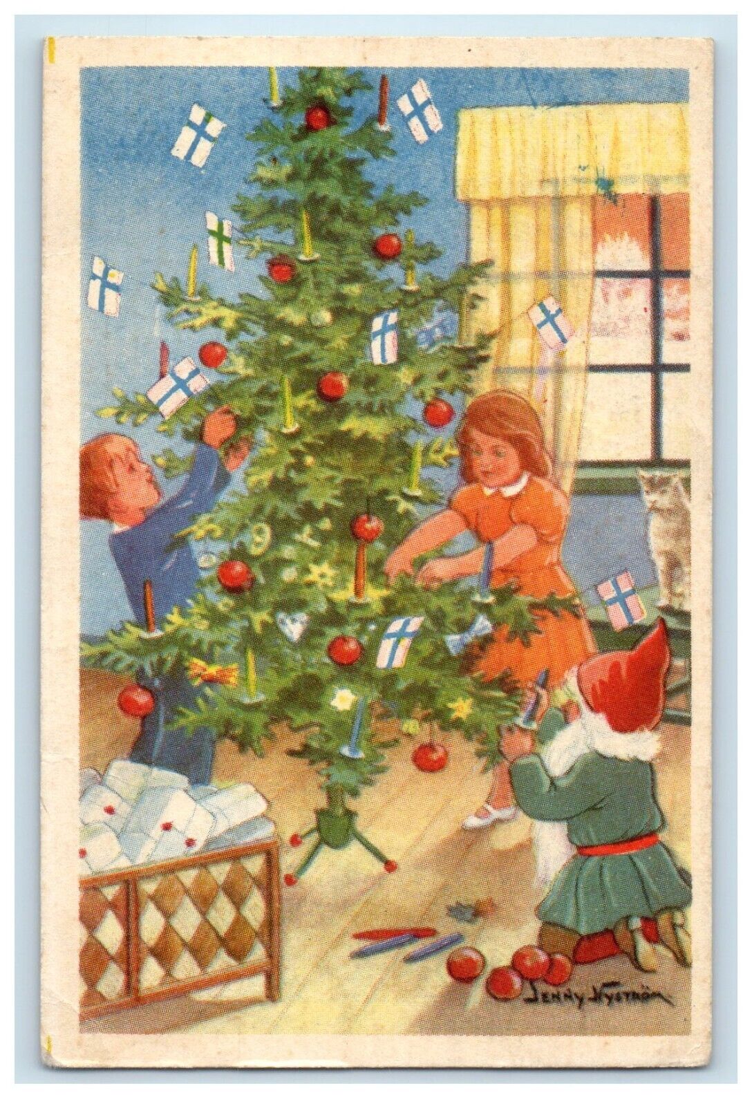 1948 Merry Christmas Childrens Decorating Christmas Tree Finland Posted Postcard