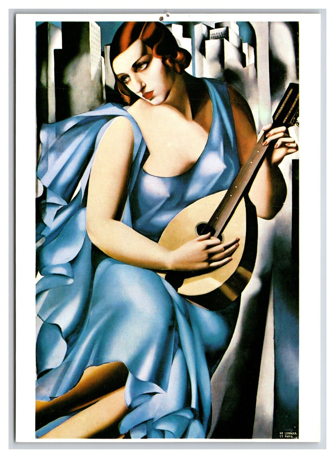 Blue Woman w Guitar Painting Tamara de Lempicka UNP Continental Postcard Z8