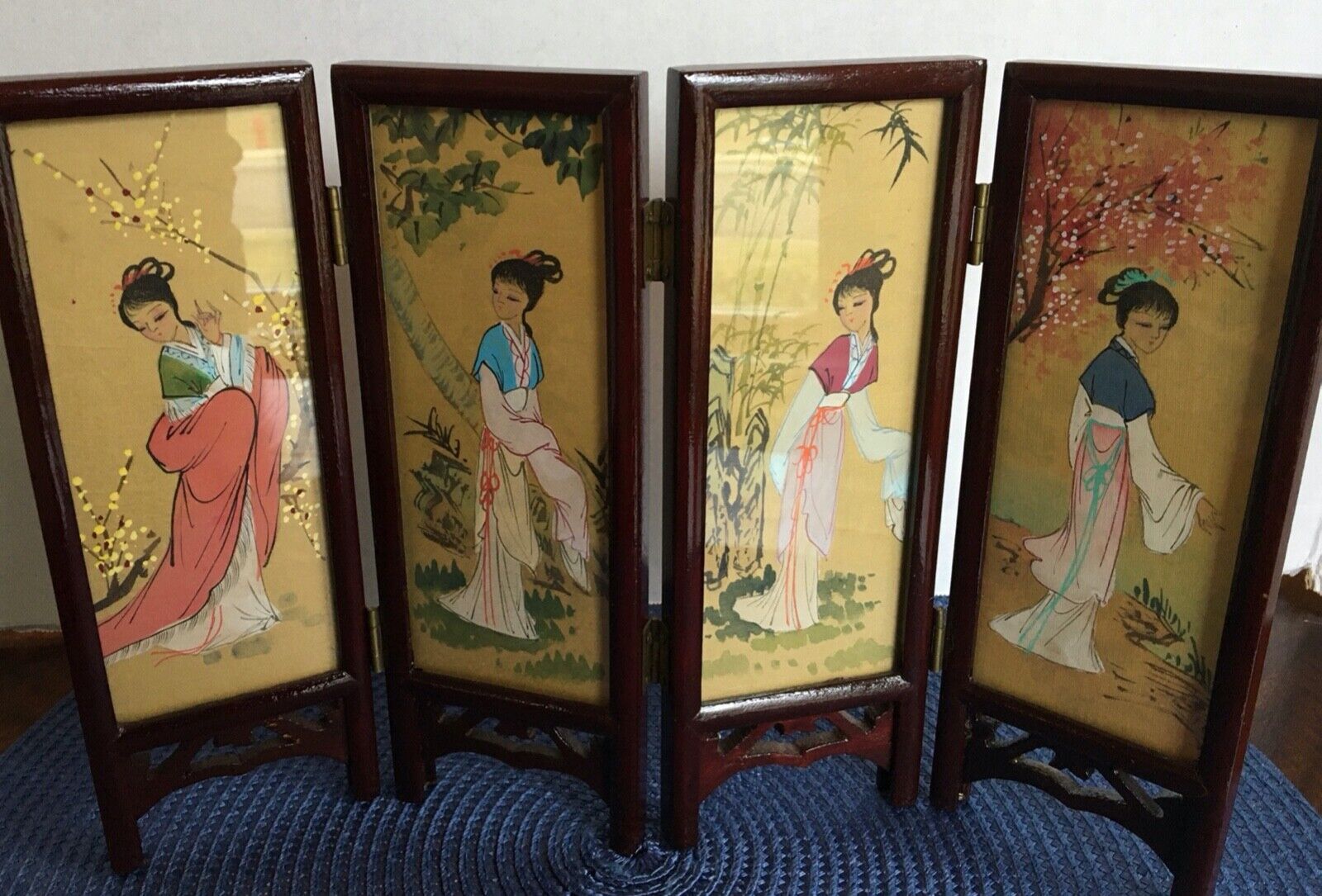 Vintage Chinese Double Sided 4 Panel Folding Table Screen Lacquered Wood Finish