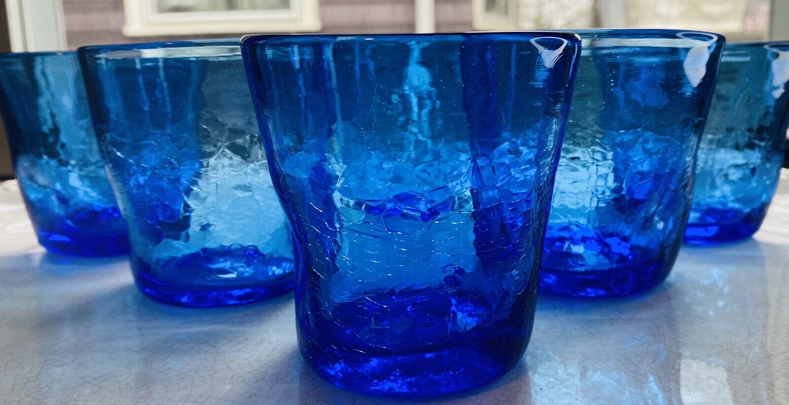 Blenko Blue Whiskey Glass Pinch Dent Crackle Hand Crafted Brutalist Barware-6
