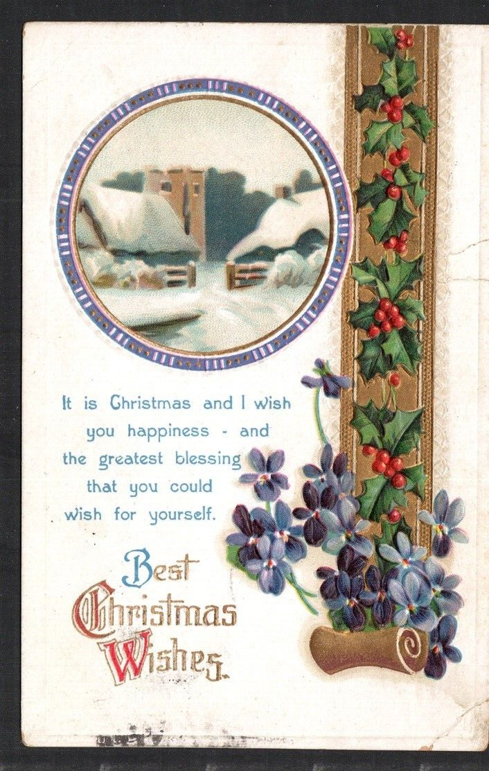 Postcard Christmas Wishes Farm Inset Holly Embossed Posted 1912 German Print