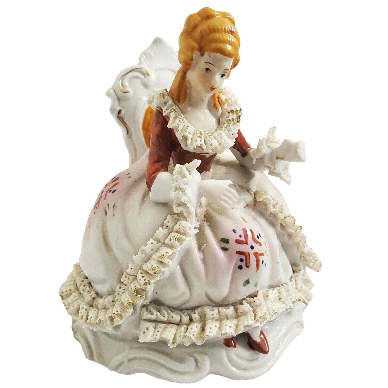 Antique Porcelain Lady Sitting Down Lace Orange