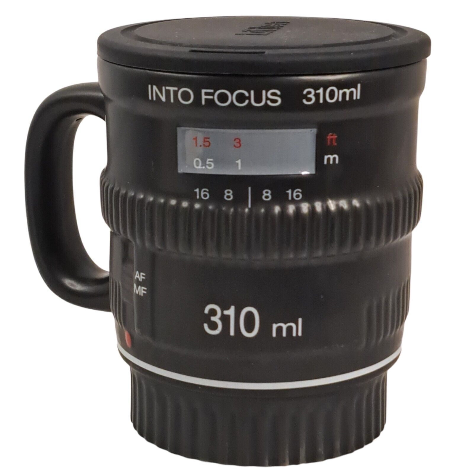 Bitten 11 oz Into Focus 3D Camera Lens Black Ceramic Coffee Mug Cup With Lid 