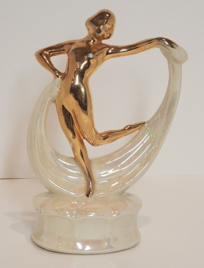 Vintage Art Deco Sculpture Lady Dancing Scarf Cream Lusterware Matte Gold