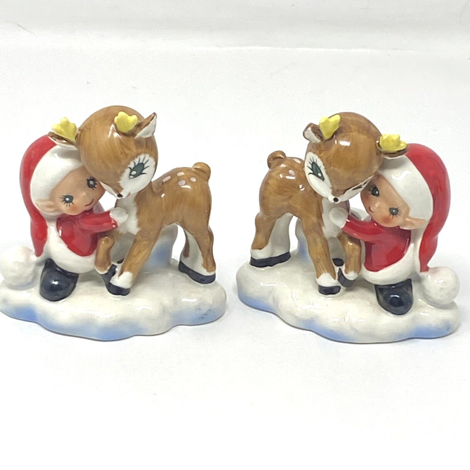 Vintage 50s Lefton Elf & Reindeer CHRISTMAS Candle Holder 3051 Japan Set 2
