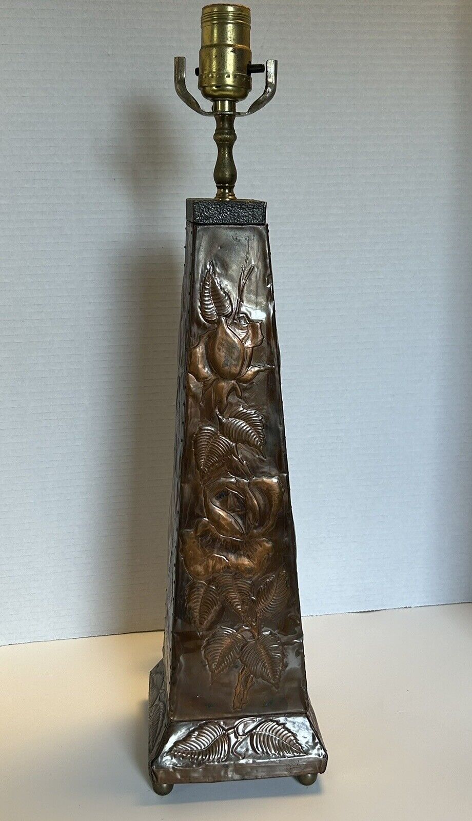Obelisk-Shaped  Embossed Arts & Crafts?? Copper Floral Design Lamp Base - Works