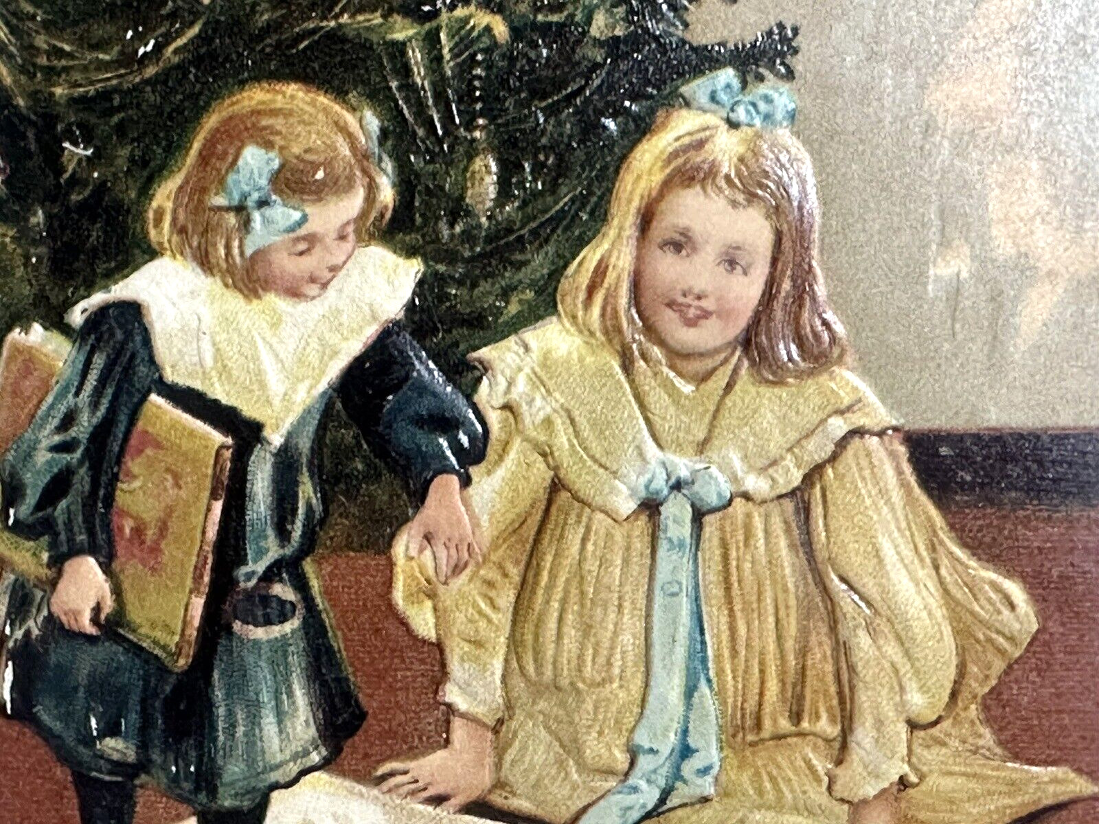 PFB Christmas Postcard Girls Books Gifts Tree Lit Candles Blue Bows Dresses