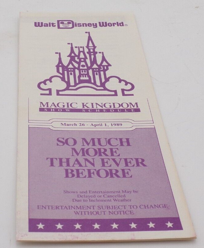 Vtg Walt Disney World Magic Kingdom Show Schedule March 26-April 1 1989 Brochure