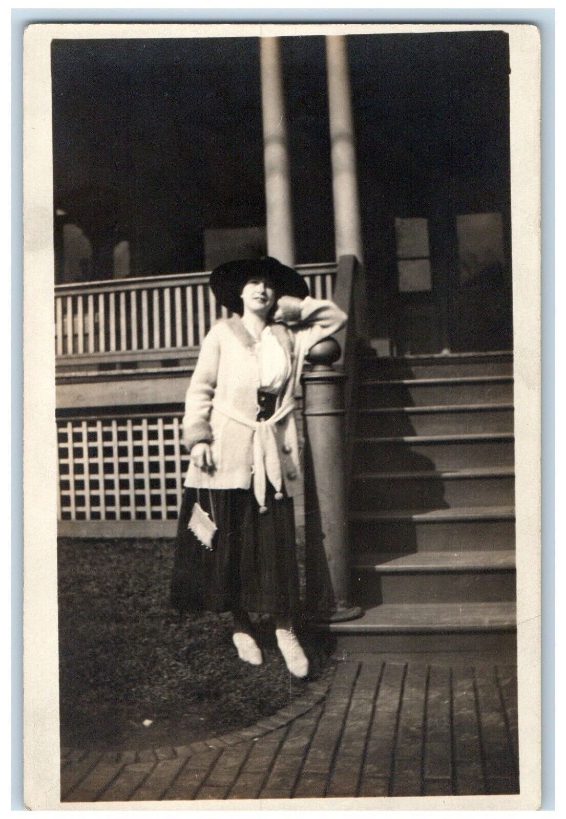 c1910\'s Woman House Porch Large Hat Flapper Purse Tyrone PA RPPC Photo Postcard