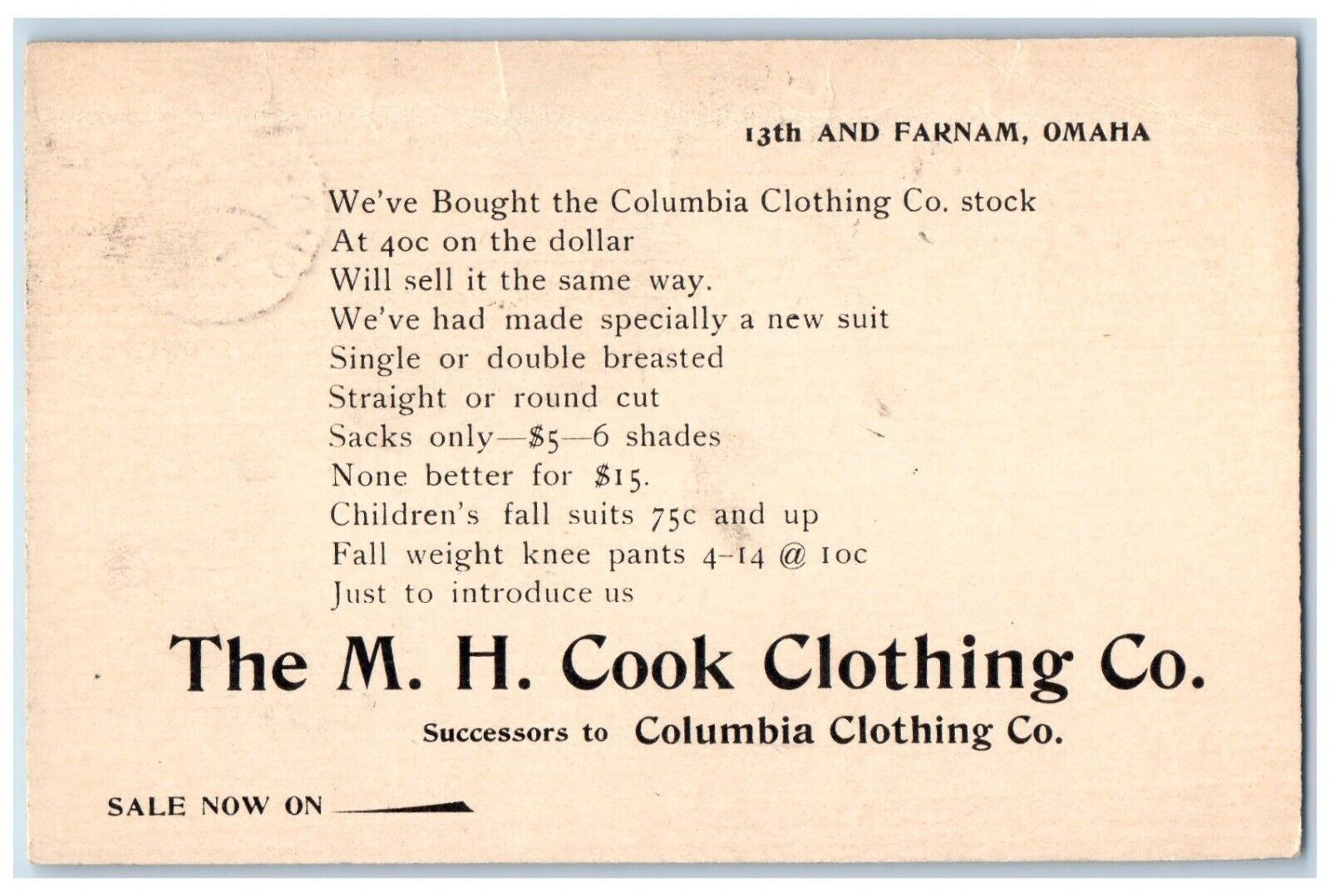 c1880\'s Bought Columbia Clothing Co. MH Clothing Co. Omaha NE Postal Card