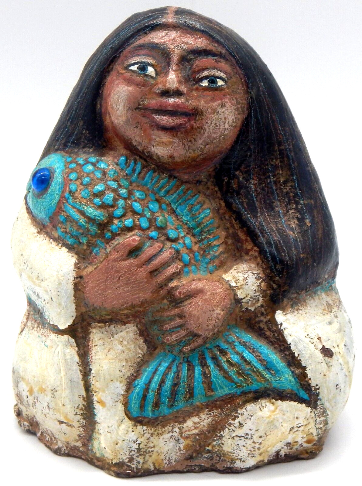 Terracota Clay Art Pottery Embellished Painted Heavy Woman Holding Fish Figurine