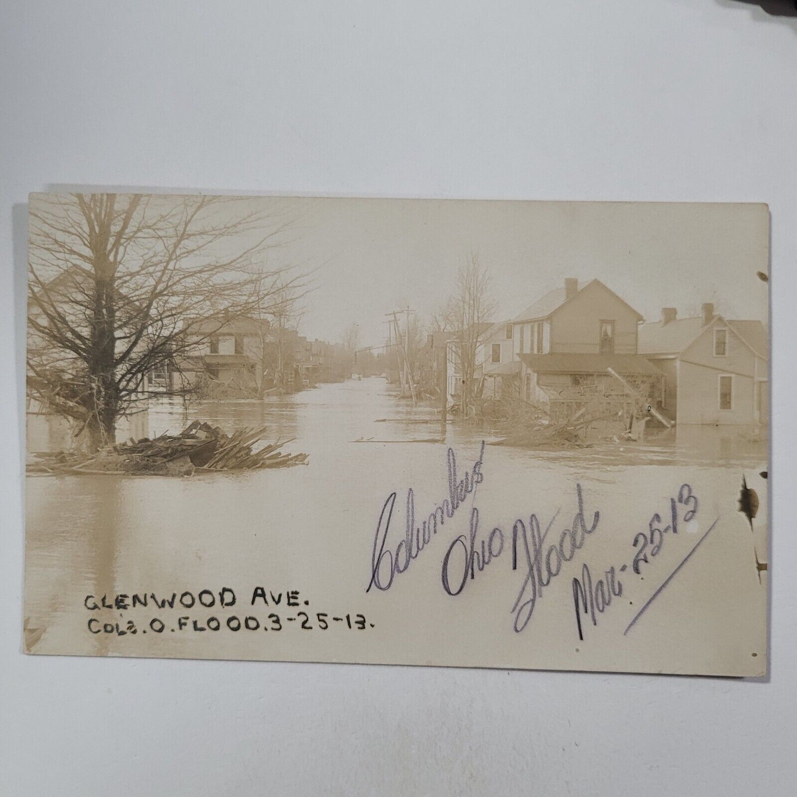 RPPC Postcard Columbus Ohio Flood Glenwood Ave 3-25-13 Disaster Houses Buildings