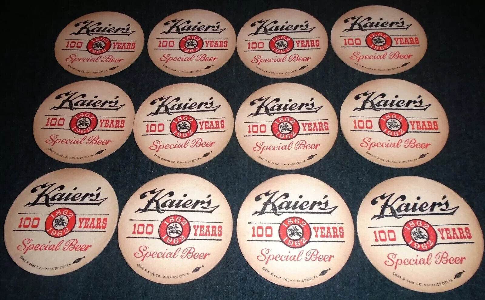 Lot of 12 Kaier\'s Beer 100th Anniversary 1962 Vintage Coasters