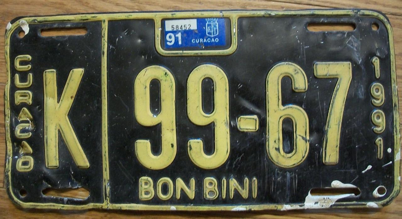 SINGLE BON BINI, CURACAO LICENSE PLATE - 1991 - K 99-67