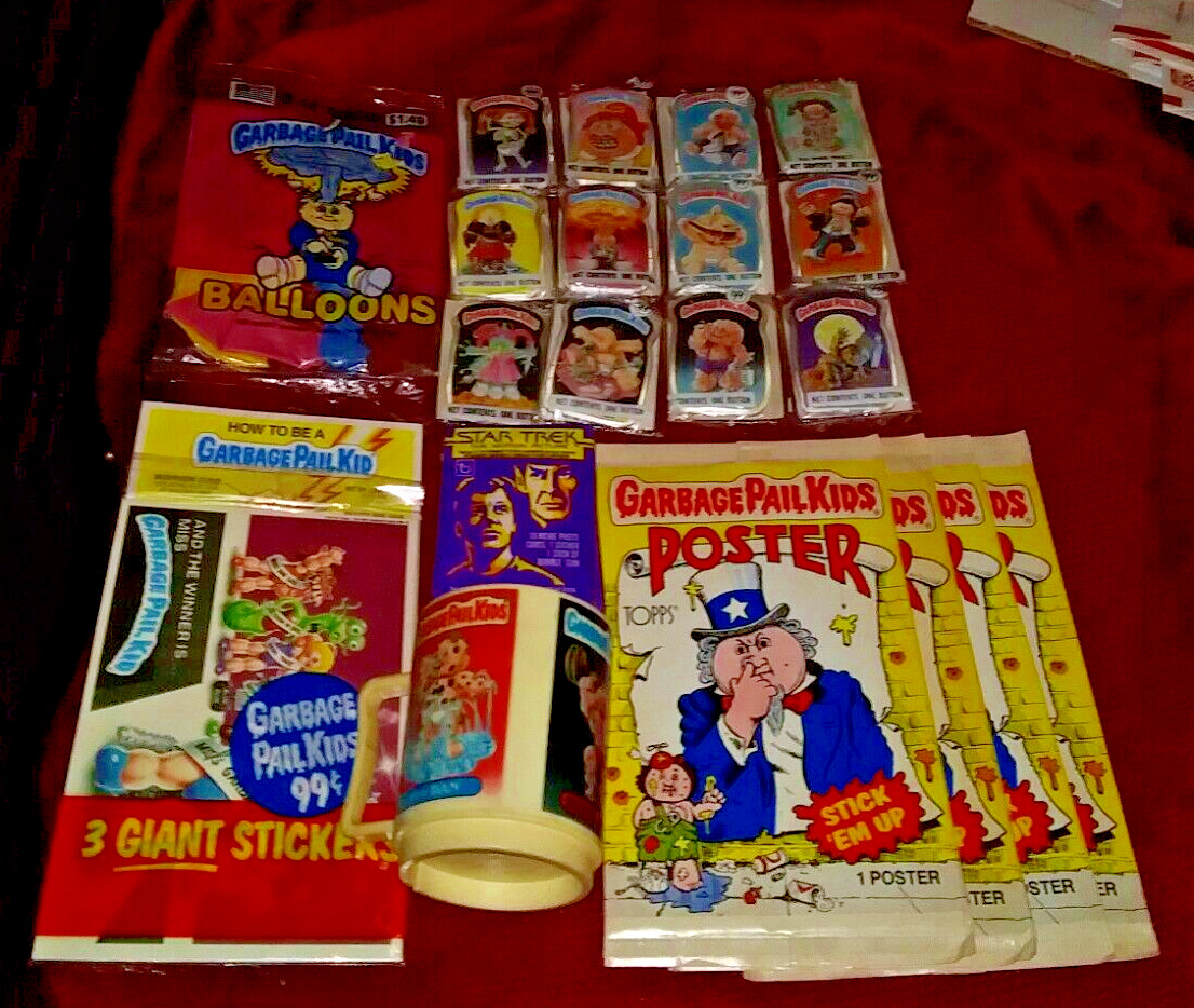 1985 GPK & STAR TREK SEALED LOT:POSTERS BUTTONS BALLOONS CUP & WAX PACKS VINTAGE