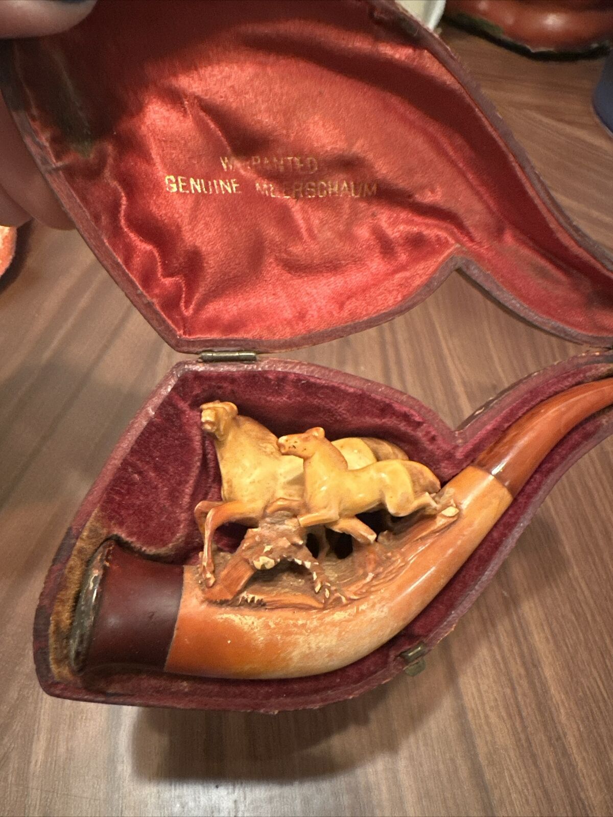 Vintage Meerschaum & Amber Carved Pipe Galloping Horses With Case