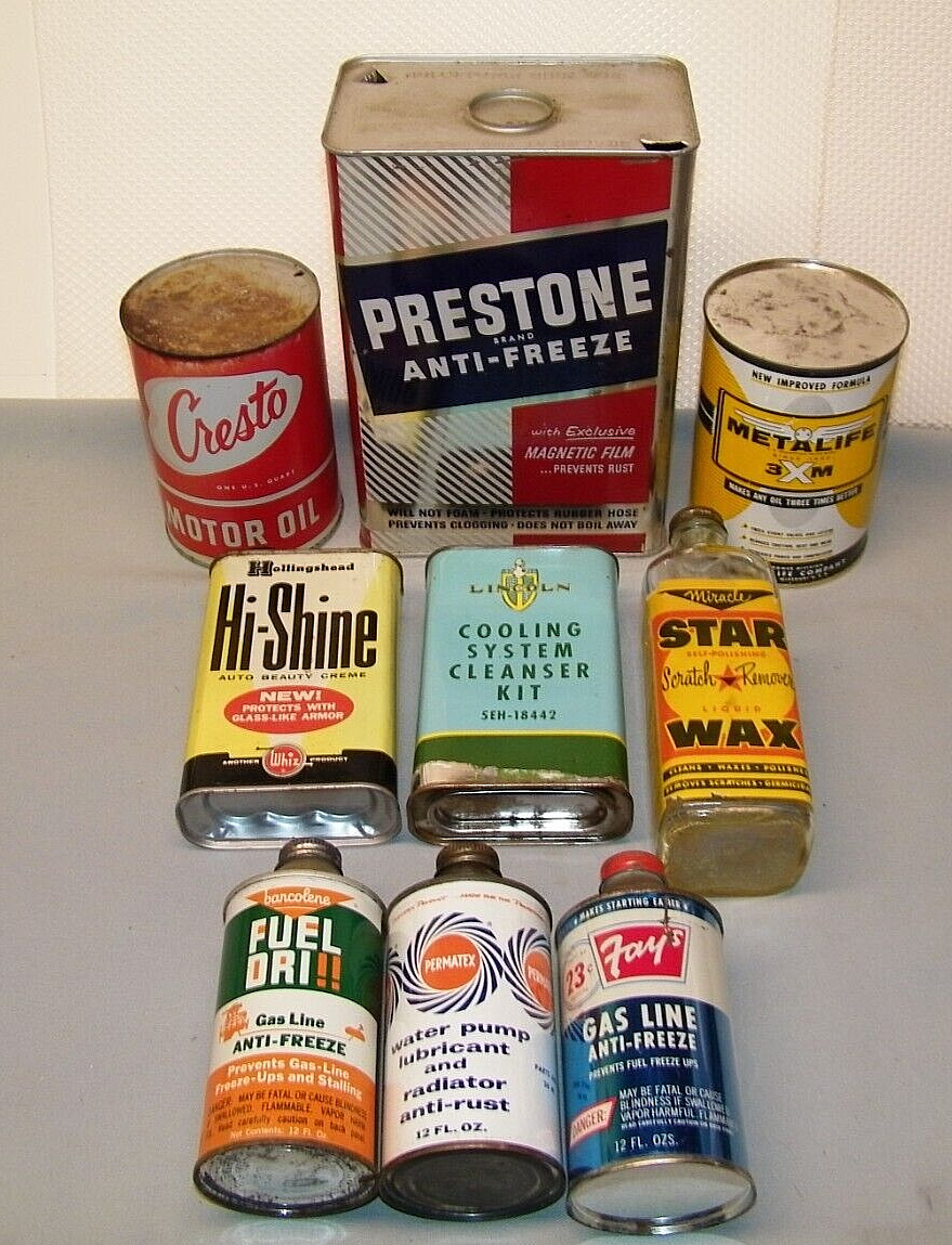 Vintage - Lot of 9 Gas & Oil Related cans Hi Shine Prestone Star Fay\'s -  9 Cans