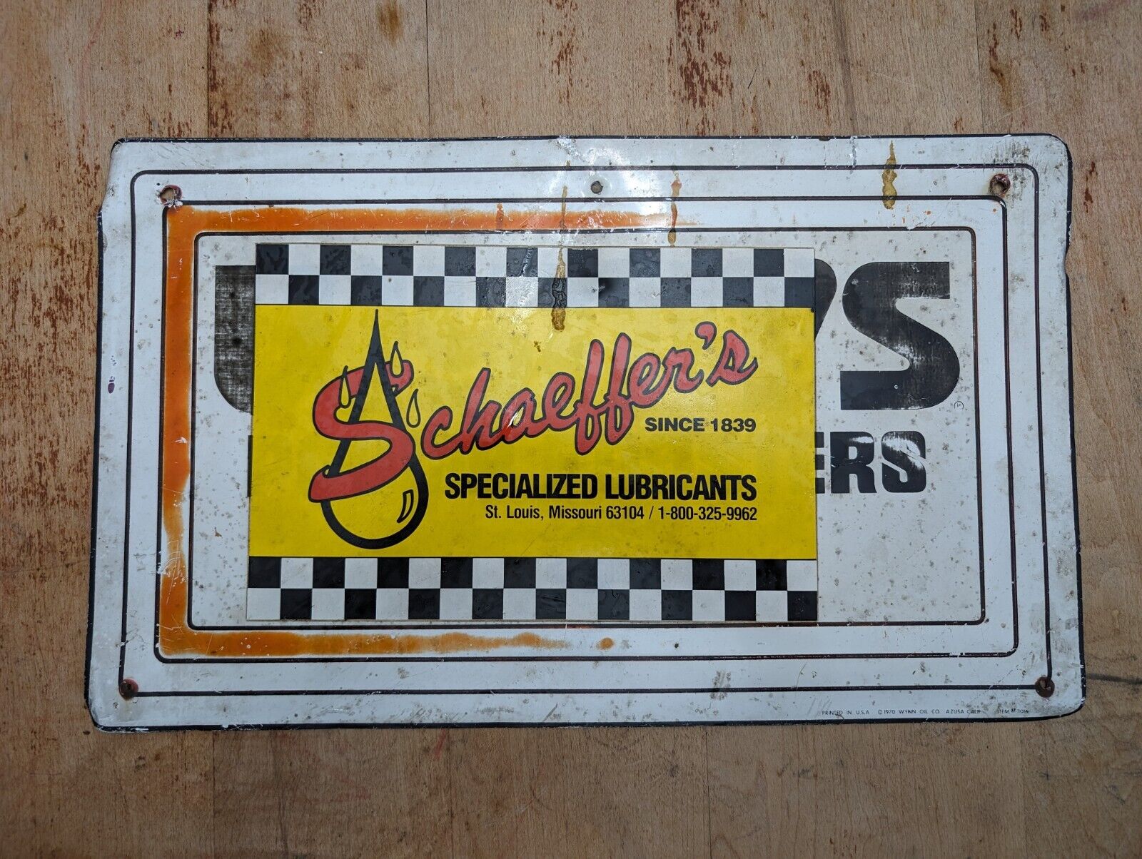 VTG Advertising Sign Schaefer\'s Specialized Lubricants St Louis MO Man Cave Barn