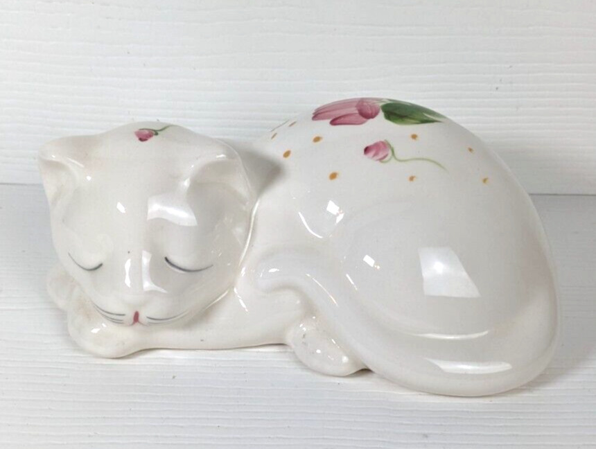 Ceramic White Kitty Cat Pink Floral Flowers Hand Painted Sleeping USA Vintage 7”