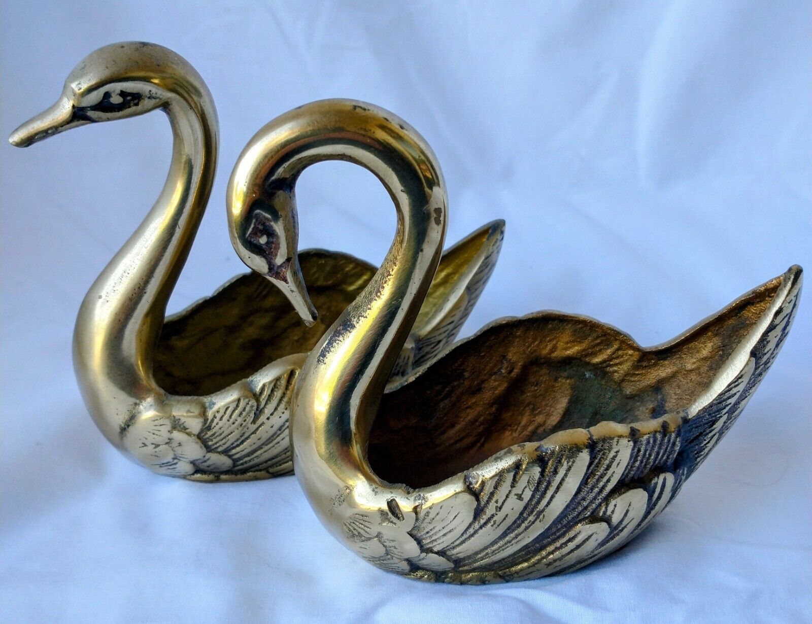 Vintage Brass Curved Neck Swan Pair, Trinket Dish or Planter, Made in Korea 