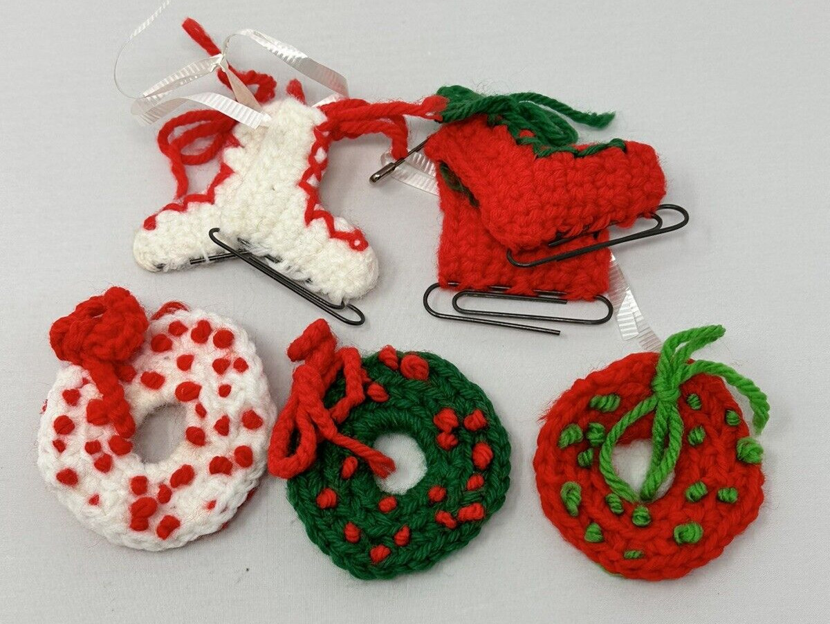 Vintage (Lot 5) Crocheted Christmas Ornaments Wreath Ice Skates Handmade