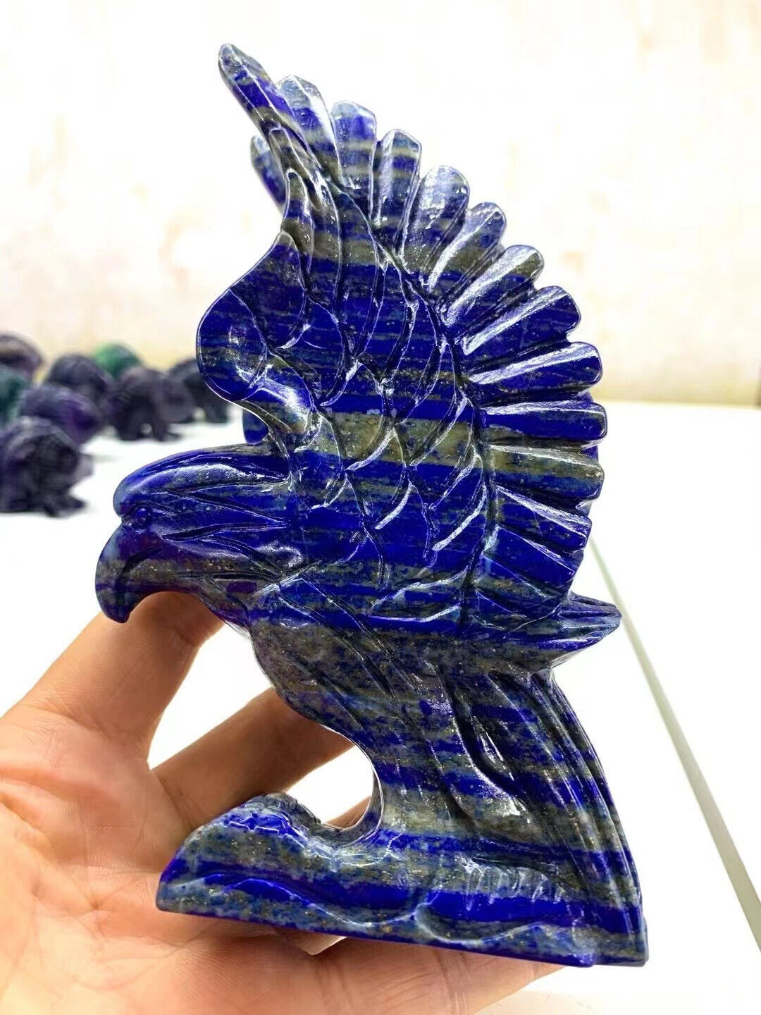 1PC Natural Lapis Lazuli Quartz Carved Crystal Eagle Skull Reiki Gem Decor 150MM