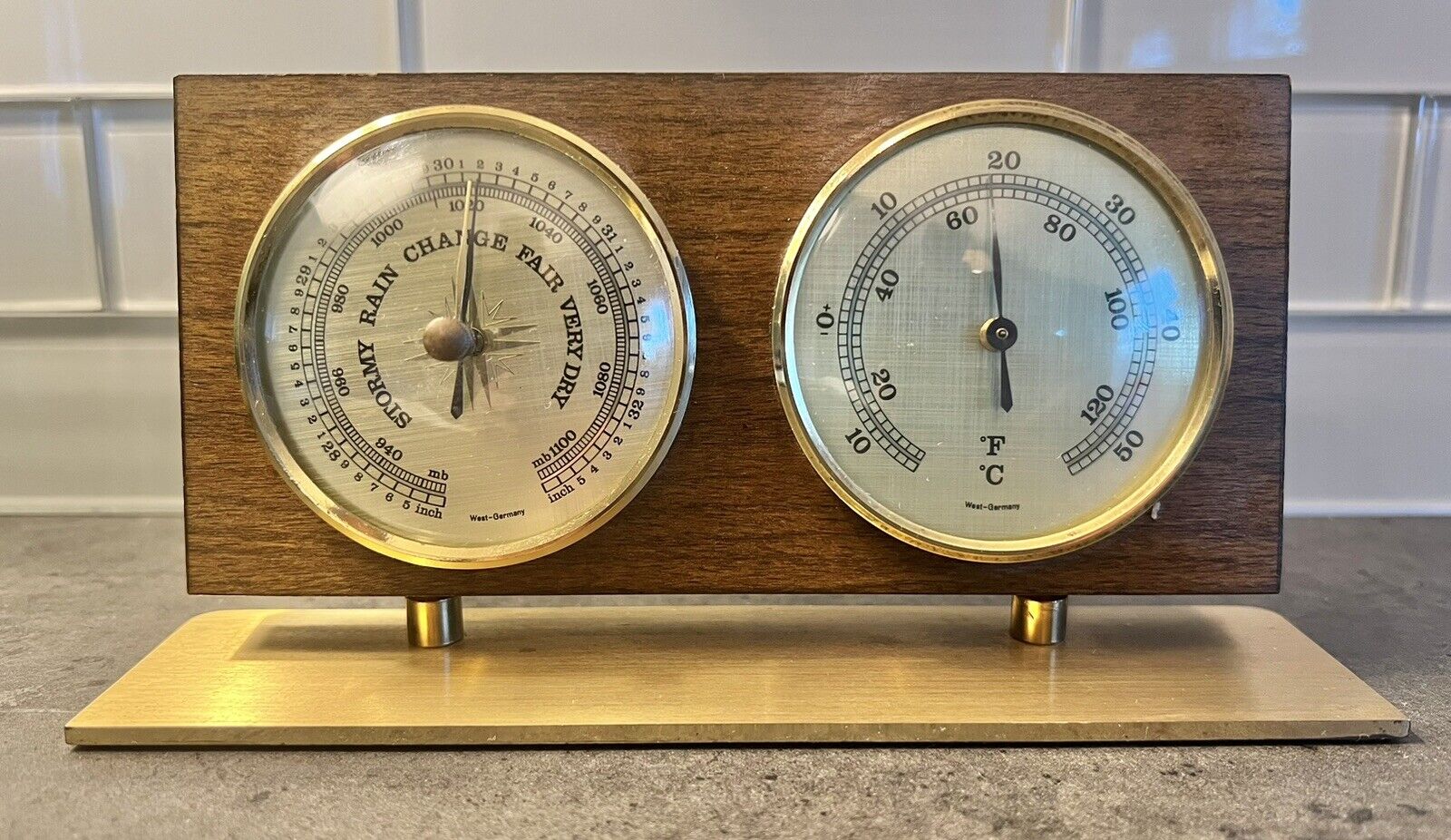 Vintage Weather Station Barometer Thermometer Walnut / Brass West Germany